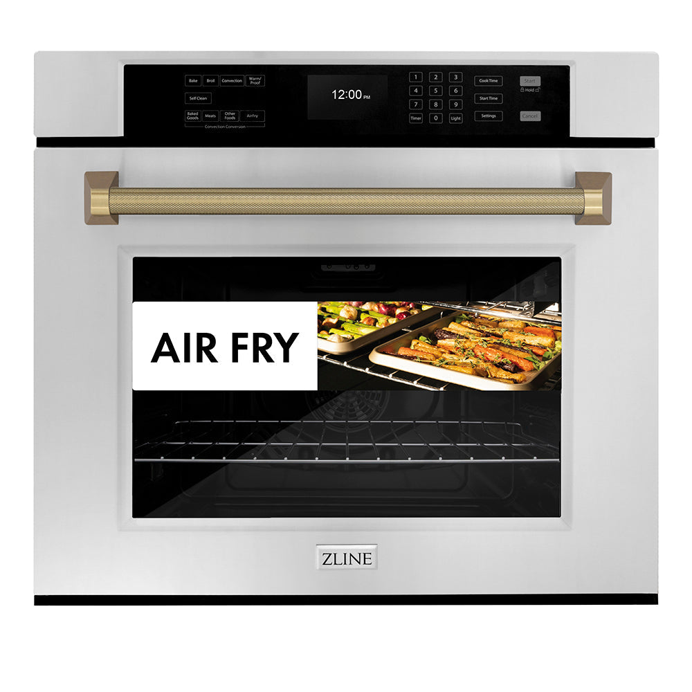ZLINE Autograph 30" Professional True Convection Single Wall Oven with Air Fry and Self Clean in Stainless Steel with Champagne Bronze Helix Handle, WASZ-30-KCB