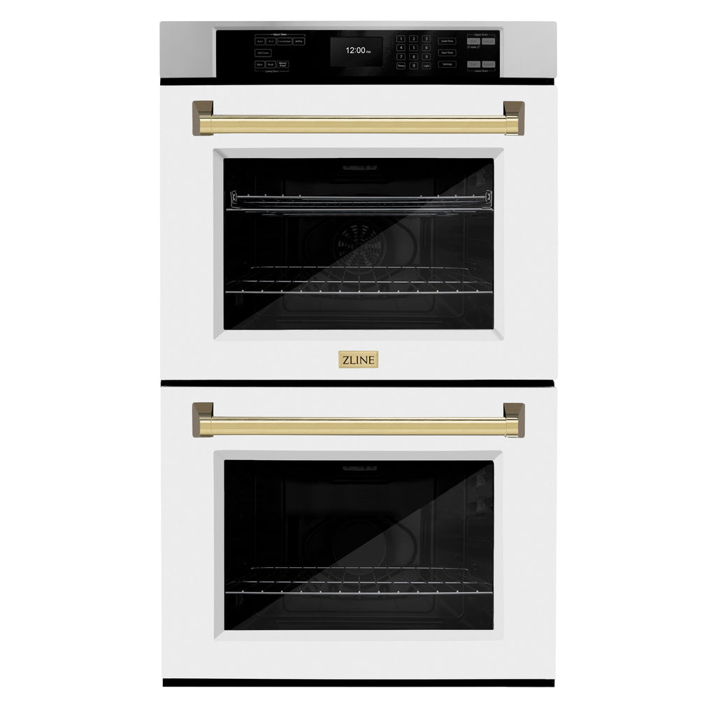 ZLINE 30" Autograph Double Wall Oven with Air Fry and Self-Clean in Stainless Steel with White Matte Door and Gold Handle, WADZ-WM-30-G