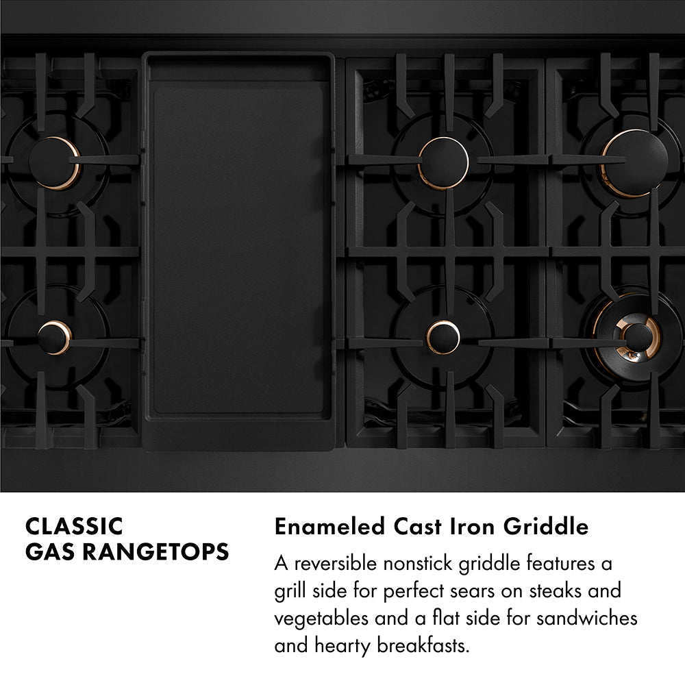 ZLINE Autograph Edition 48 In. Porcelain Rangetop with 7 Gas Burners in Black Stainless Steel and Champagne Bronze Accents, RTBZ-48-CB