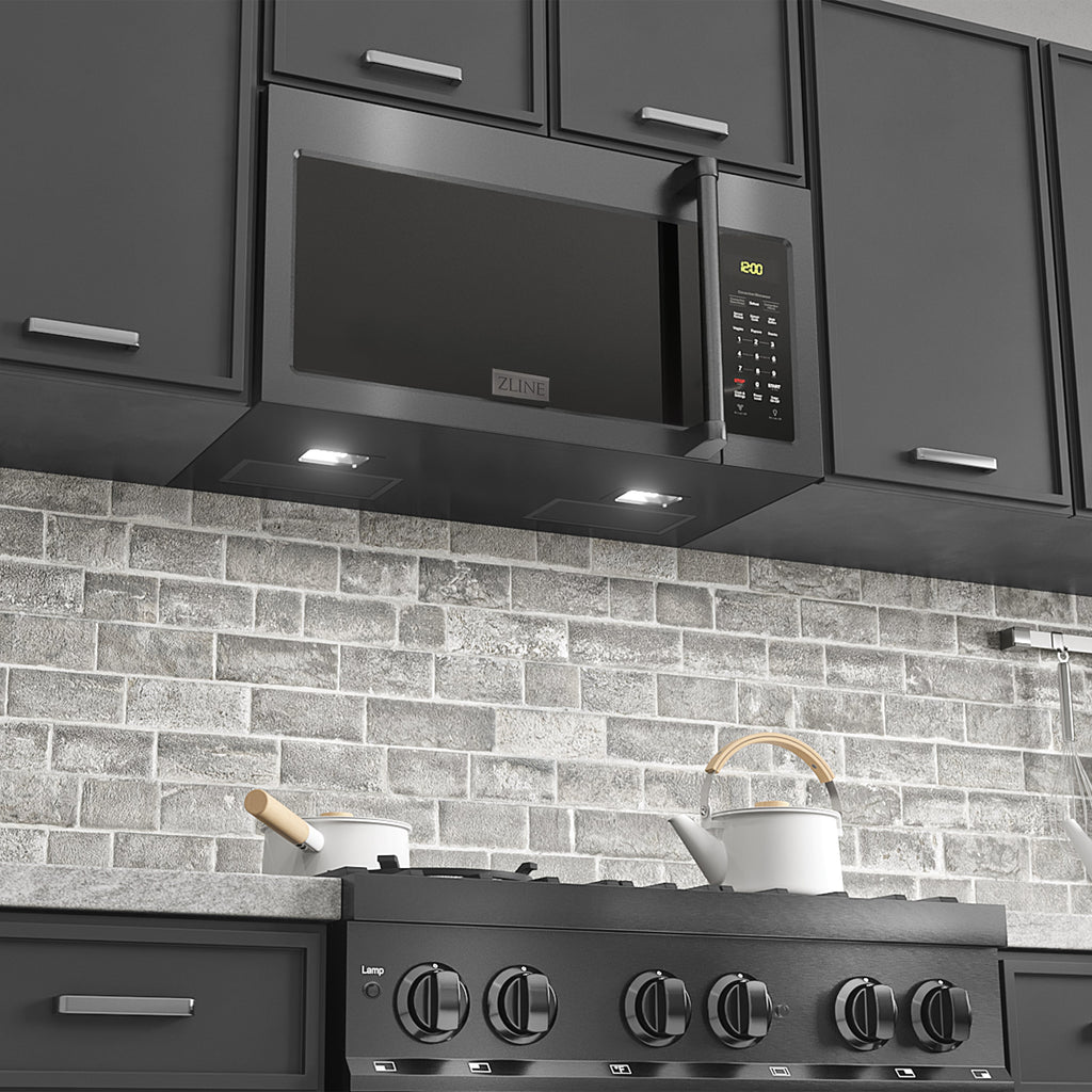 ZLINE 30" 1.5 cu. ft. Over the Range Microwave in Black Stainless Steel with Traditional Handle and Set of 2 Charcoal Filters, MWO-OTRCFH-30-BS