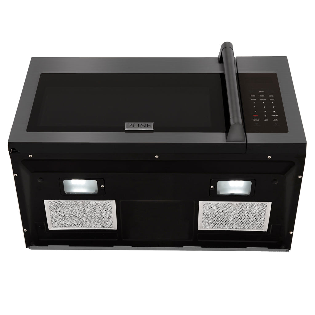 ZLINE 30" 1.5 cu. ft. Over the Range Microwave in Black Stainless Steel with Traditional Handle and Set of 2 Charcoal Filters, MWO-OTRCFH-30-BS