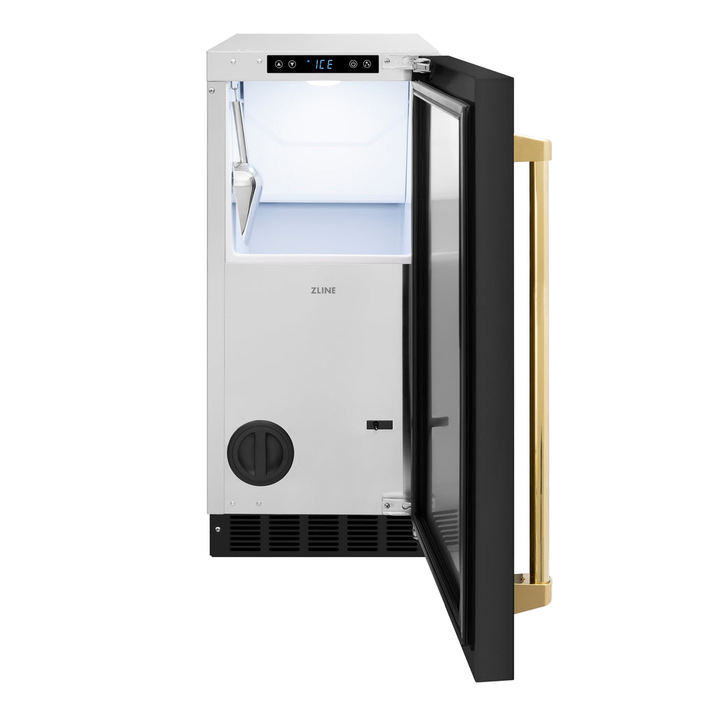 ZLINE Autograph 15" Touchstone Clear Cube Ice Maker with Drain Pump and Black Stainless Steel Door with Polished Gold Handle, ICCDZ-BS-15-G