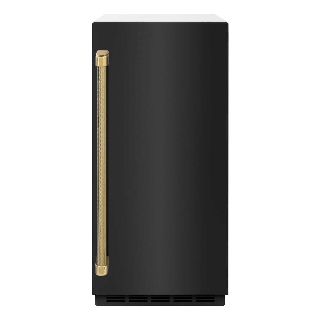 ZLINE Autograph 15" Touchstone Clear Cube Ice Maker with Drain Pump and Black Stainless Steel Door with Polished Gold Helix Handle, ICCDZ-BS-15-KG
