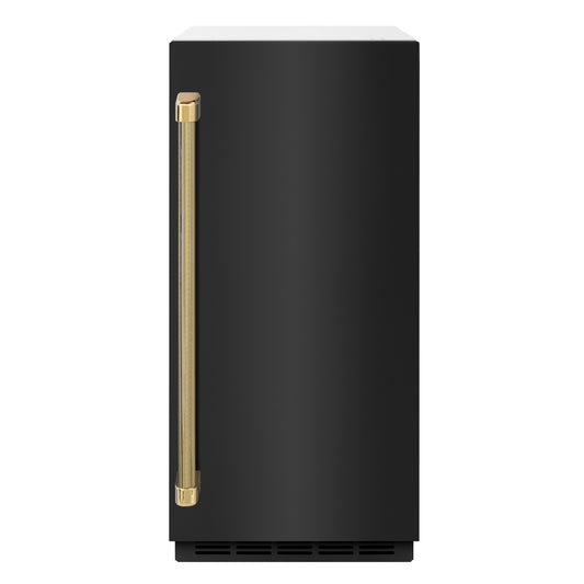 ZLINE Autograph 15" Touchstone Clear Cube Ice Maker with Drain Pump and Black Stainless Steel Door with Polished Gold Helix Handle, ICCDZ-BS-15-KG