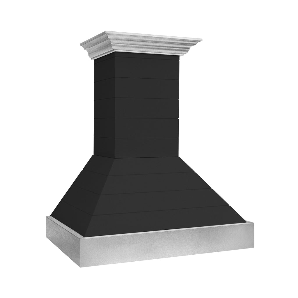 ZLINE 30 in. Wooden Wall Mount Range Hood, Rustic Shiplap Black Finish, Stainless Steel Accents, 400 CFM (365CC-30)