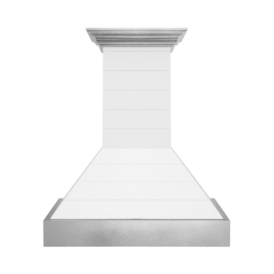 ZLINE 36 in. Wooden Wall Mount Range Hood 700 CFM Rustic Shiplap Bright White with Stainless Steel Accents (365WW-36)