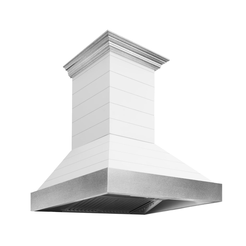 ZLINE 36 in. Wooden Wall Mount Range Hood 700 CFM Rustic Shiplap Bright White with Stainless Steel Accents (365WW-36)