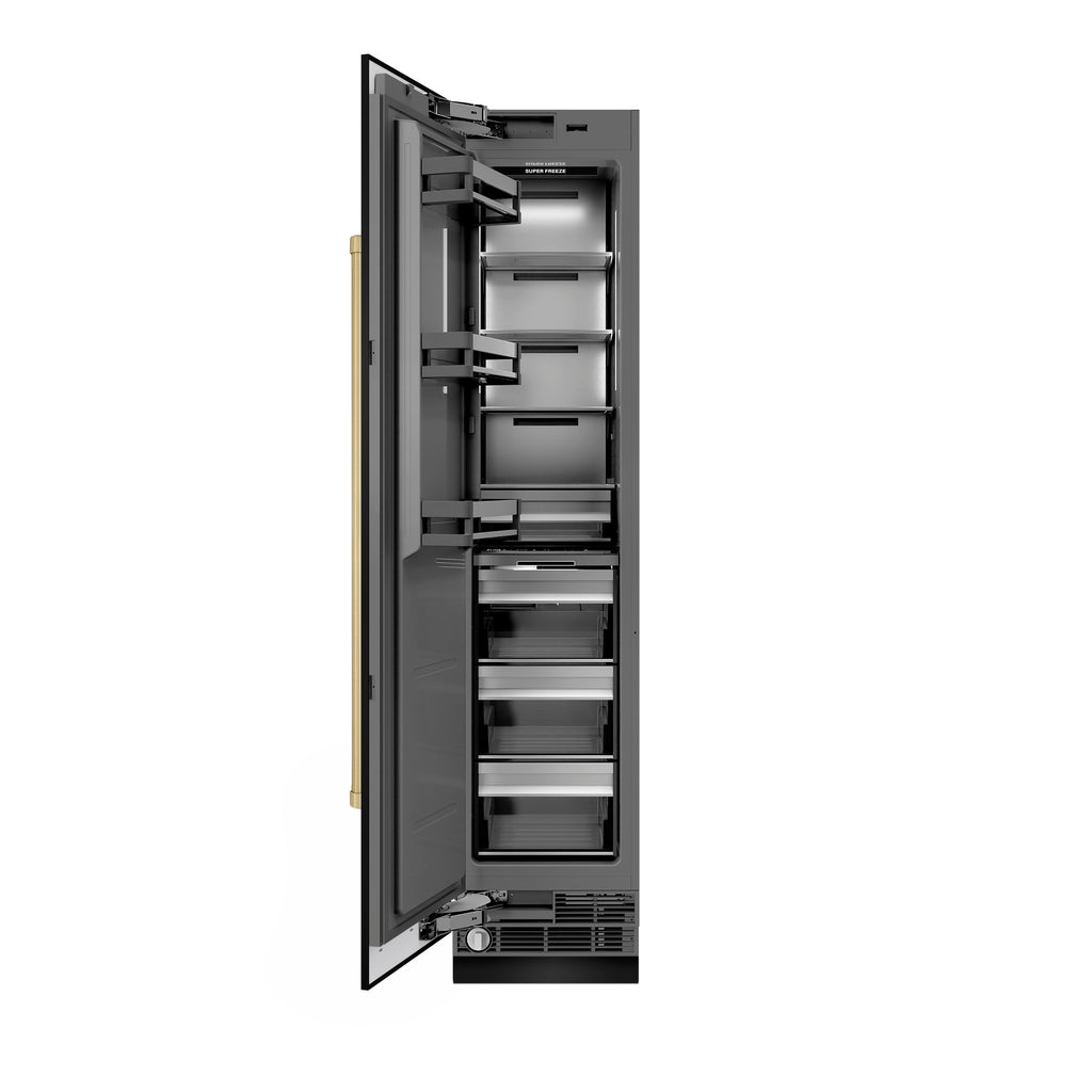 ZLINE Autograph 18" 8.6 cu. ft. Left Hinge Column Freezer in Black Stainless Steel with Graphite Gray Interior and Champagne Bronze Accents, RCFVLZ-BS-18-CB