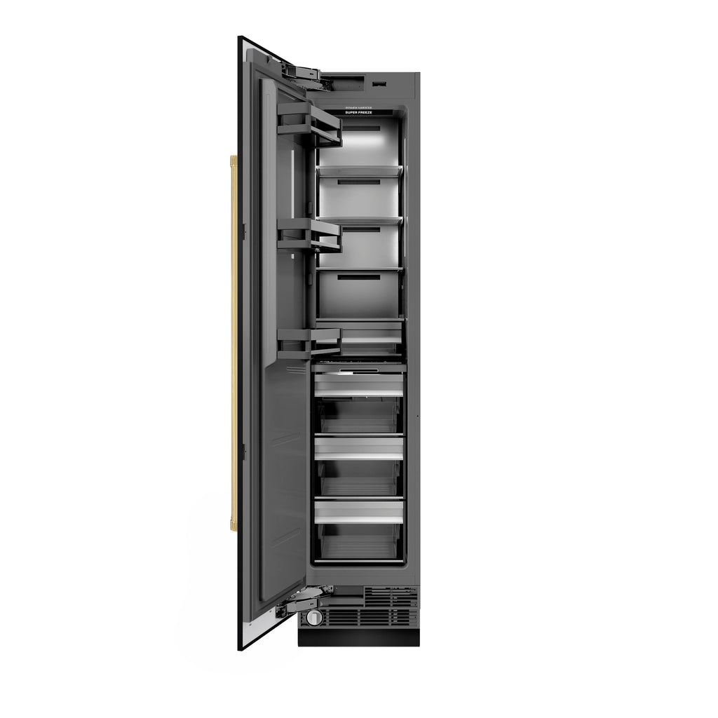 ZLINE Autograph 18" 8.6 cu. ft. Left Hinge Column Freezer in Black Stainless Steel with Graphite Gray Interior and Polished Gold Accents, RCFVLZ-BS-18-G
