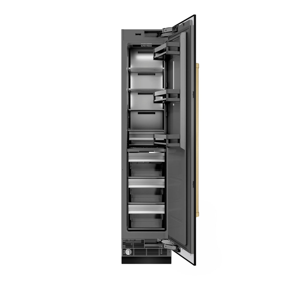 ZLINE Autograph 18" 8.6 cu. ft. Right Hinge Column Freezer in Black Stainless Steel with Graphite Gray Interior and Champagne Bronze Accents, RCFVRZ-BS-18-CB