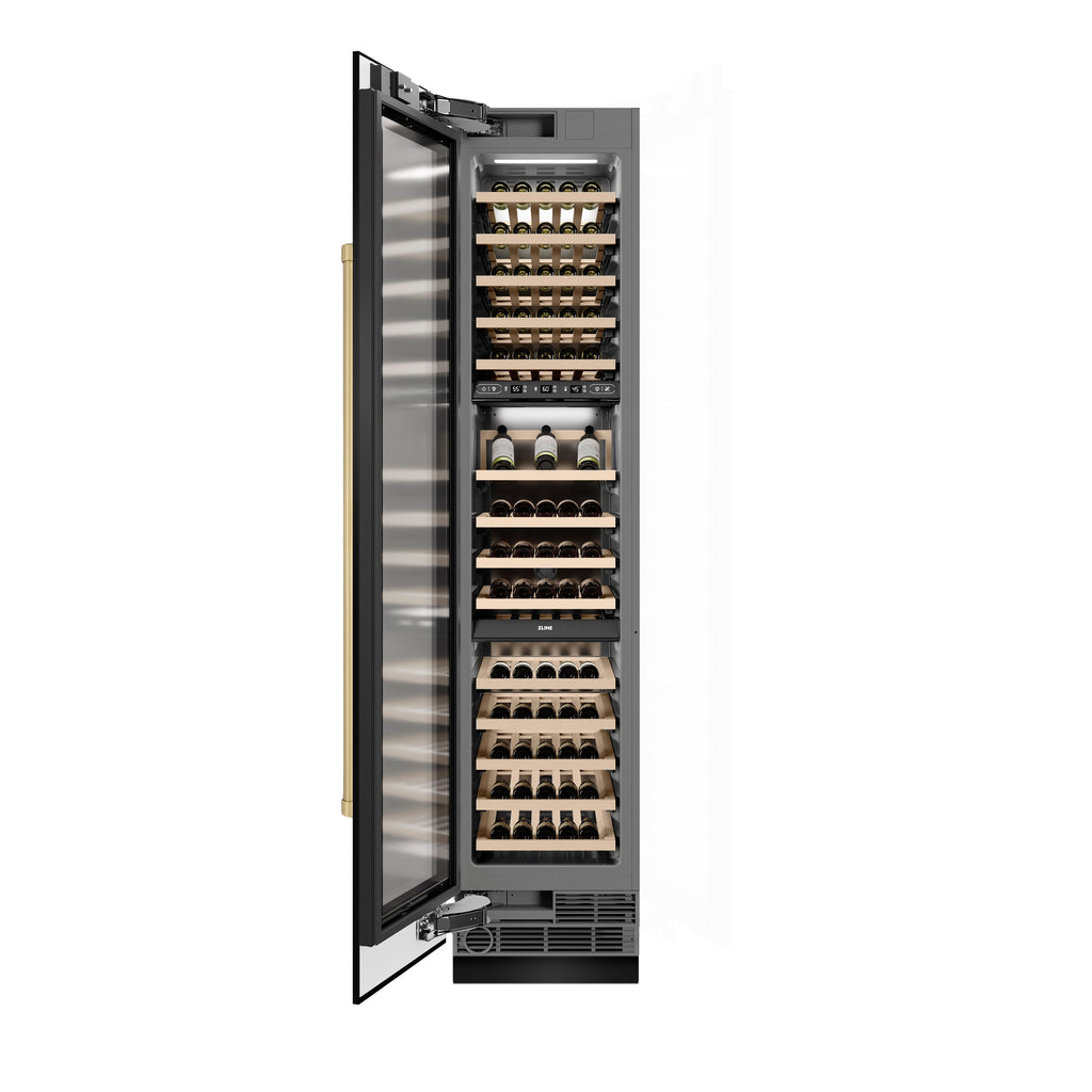 ZLINE Autograph 18" 9.0 cu. ft. Triple Zone 68 Bottle Left Hinge Column Wine Cooler in Black Stainless Steel with Champagne Bronze Accents, RCWVLZ-BS-18-CB