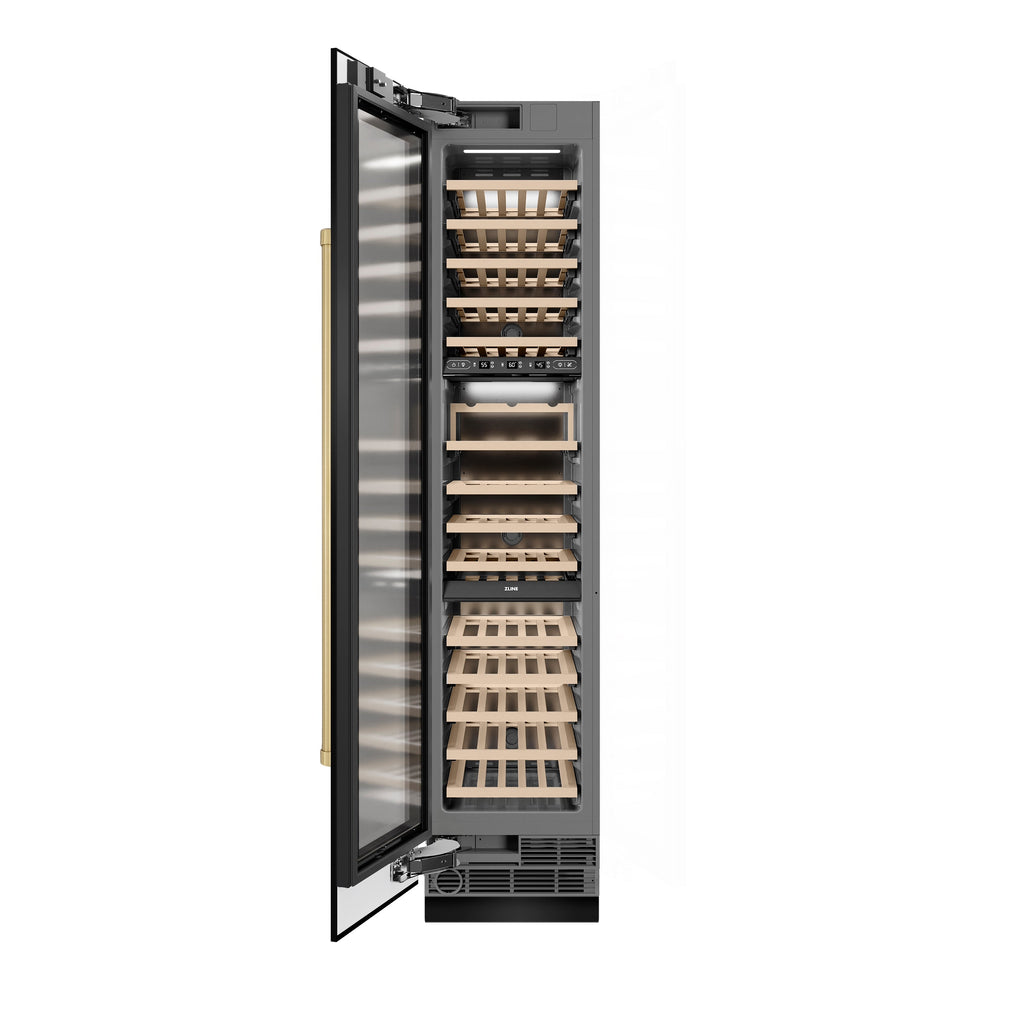 ZLINE Autograph 18" 9.0 cu. ft. Triple Zone 68 Bottle Left Hinge Column Wine Cooler in Black Stainless Steel with Champagne Bronze Accents, RCWVLZ-BS-18-CB