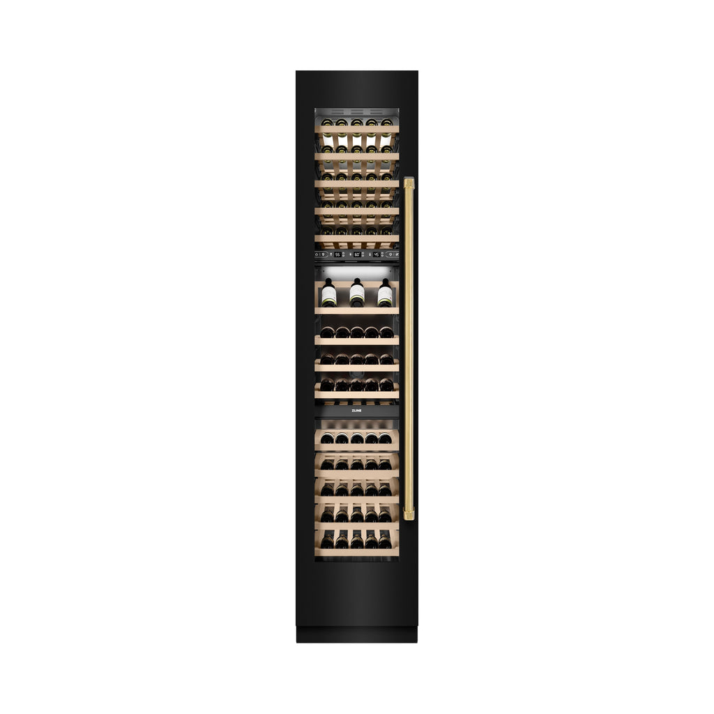 ZLINE Autograph 18" 9.0 cu. ft. Triple Zone 68 Bottle Left Hinge Column Wine Cooler in Black Stainless Steel with Polished Gold Accents, RCWVLZ-BS-18-G