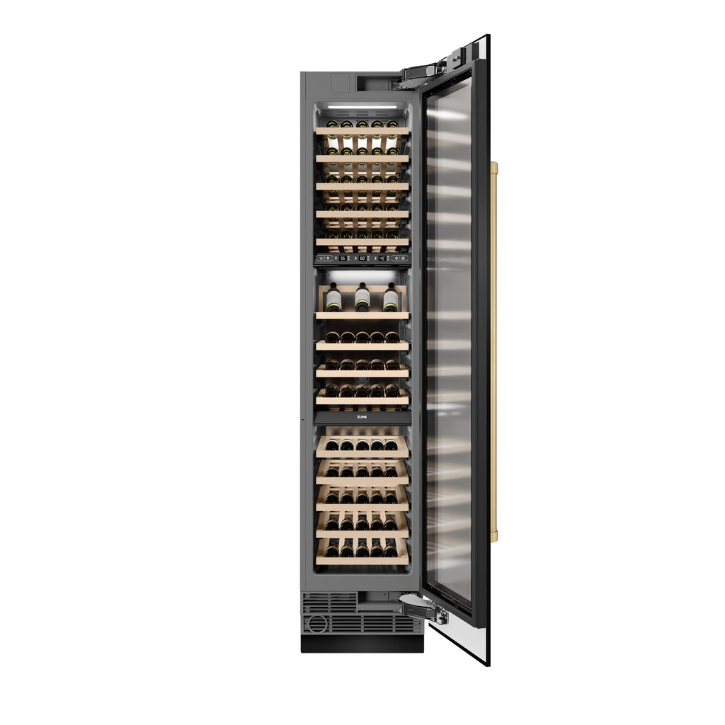 ZLINE Autograph 18" 9.0 cu. ft. Triple Zone 68 Bottle Right Hinge Column Wine Cooler in Black Stainless Steel with Champagne Bronze Accents, RCWVRZ-BS-18-CB
