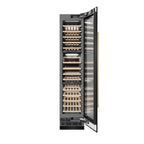 ZLINE Autograph 18" 9.0 cu. ft. Triple Zone 68 Bottle Right Hinge Column Wine Cooler in Black Stainless Steel with Champagne Bronze Accents, RCWVRZ-BS-18-CB