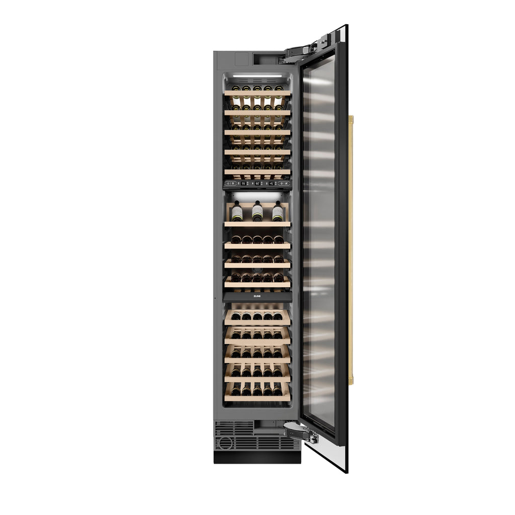 ZLINE Autograph 18" 9.0 cu. ft. Triple Zone 68 Bottle Right Hinge Column Wine Cooler in Black Stainless Steel with Polished Gold Accents, RCWVRZ-BS-18-G