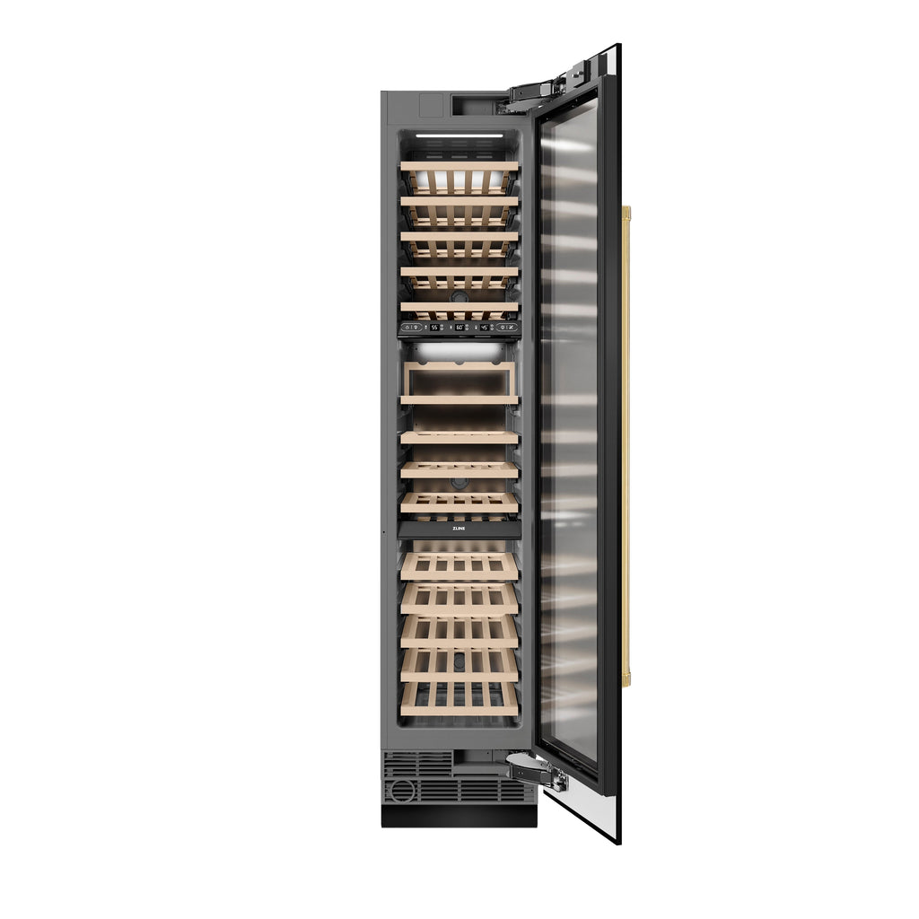 ZLINE Autograph 18" 9.0 cu. ft. Triple Zone 68 Bottle Right Hinge Column Wine Cooler in Black Stainless Steel with Polished Gold Accents, RCWVRZ-BS-18-G