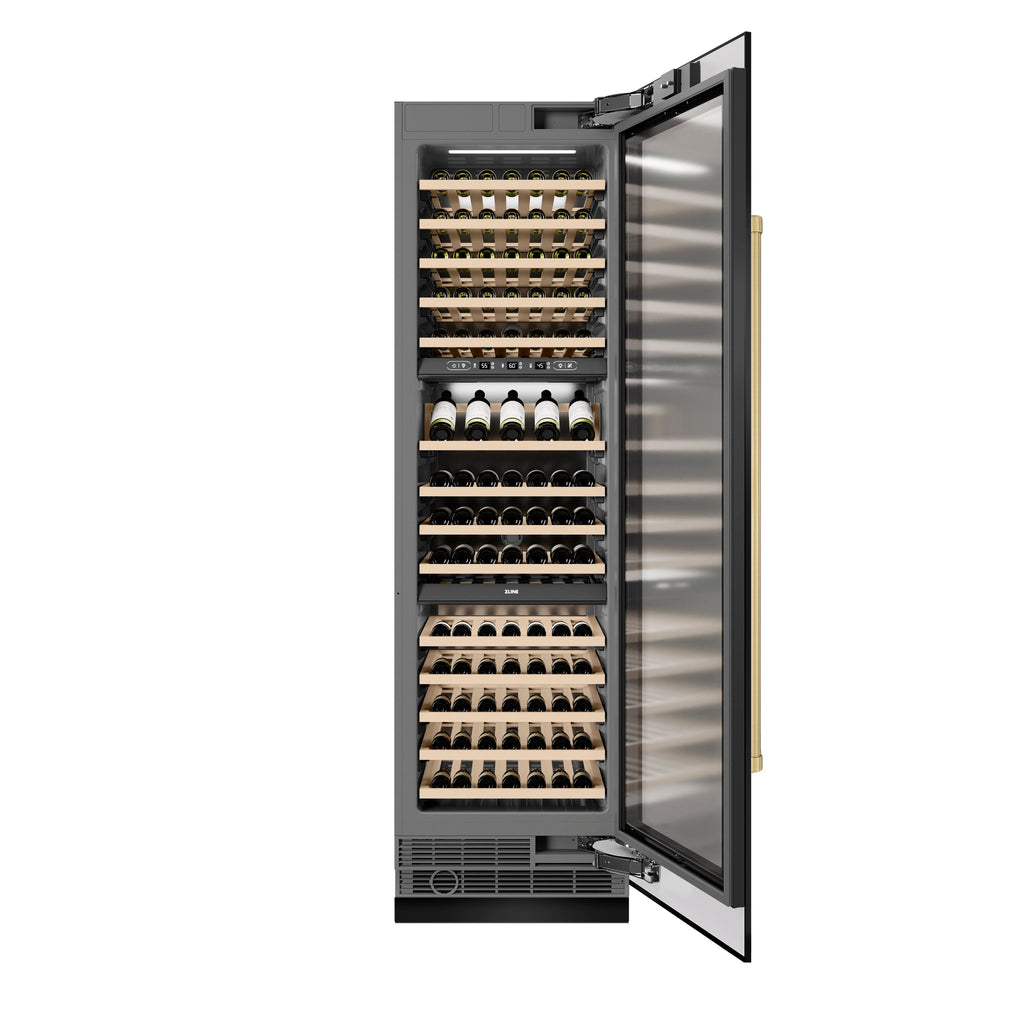 ZLINE Autograph 24" 12.4 cu. ft. Triple Zone 100 Bottle Column Wine Cooler in Black Stainless Steel and Champagne Bronze Accents, RCWVZ-BS-24-CB