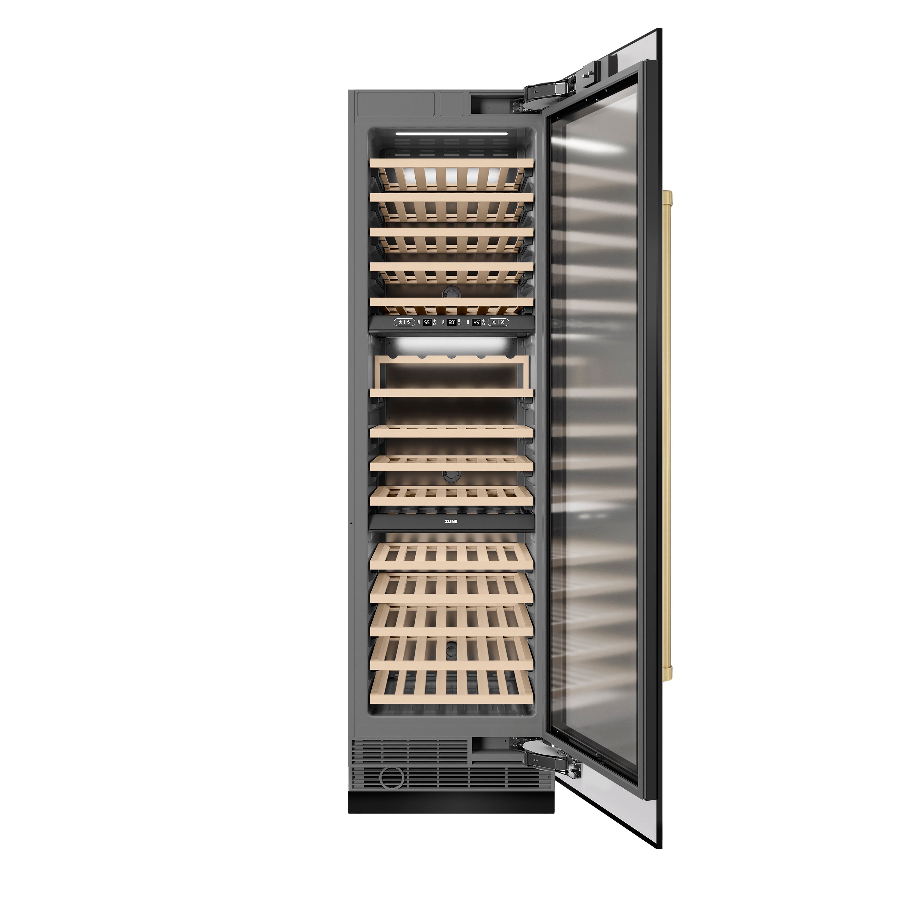 ZLINE Autograph 24" 12.4 cu. ft. Triple Zone 100 Bottle Column Wine Cooler in Black Stainless Steel and Champagne Bronze Accents, RCWVZ-BS-24-CB