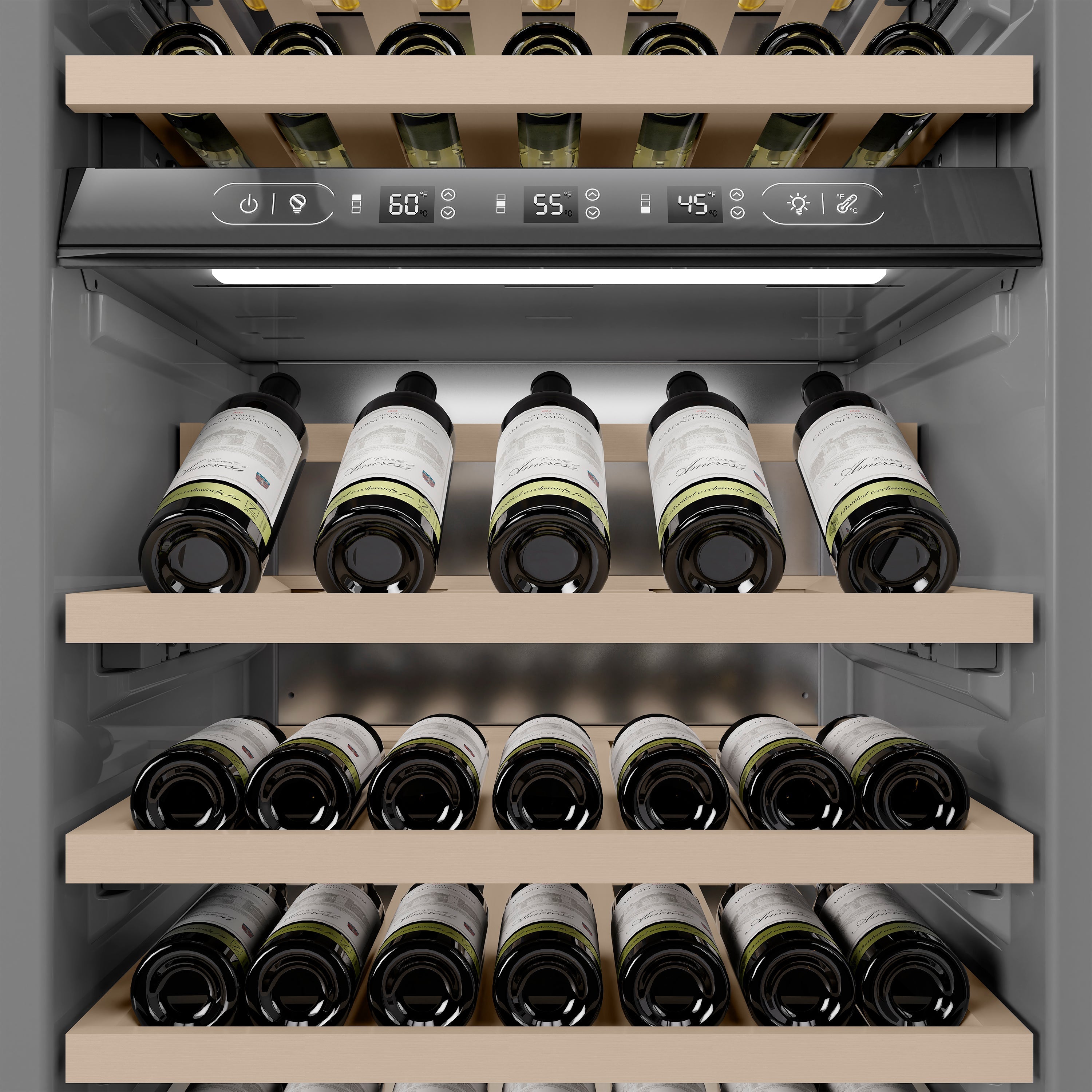 ZLINE Autograph 24" 12.4 cu. ft. Triple Zone 100 Bottle Column Wine Cooler in Black Stainless Steel and Polished Gold Accents, RCWVZ-BS-24-G