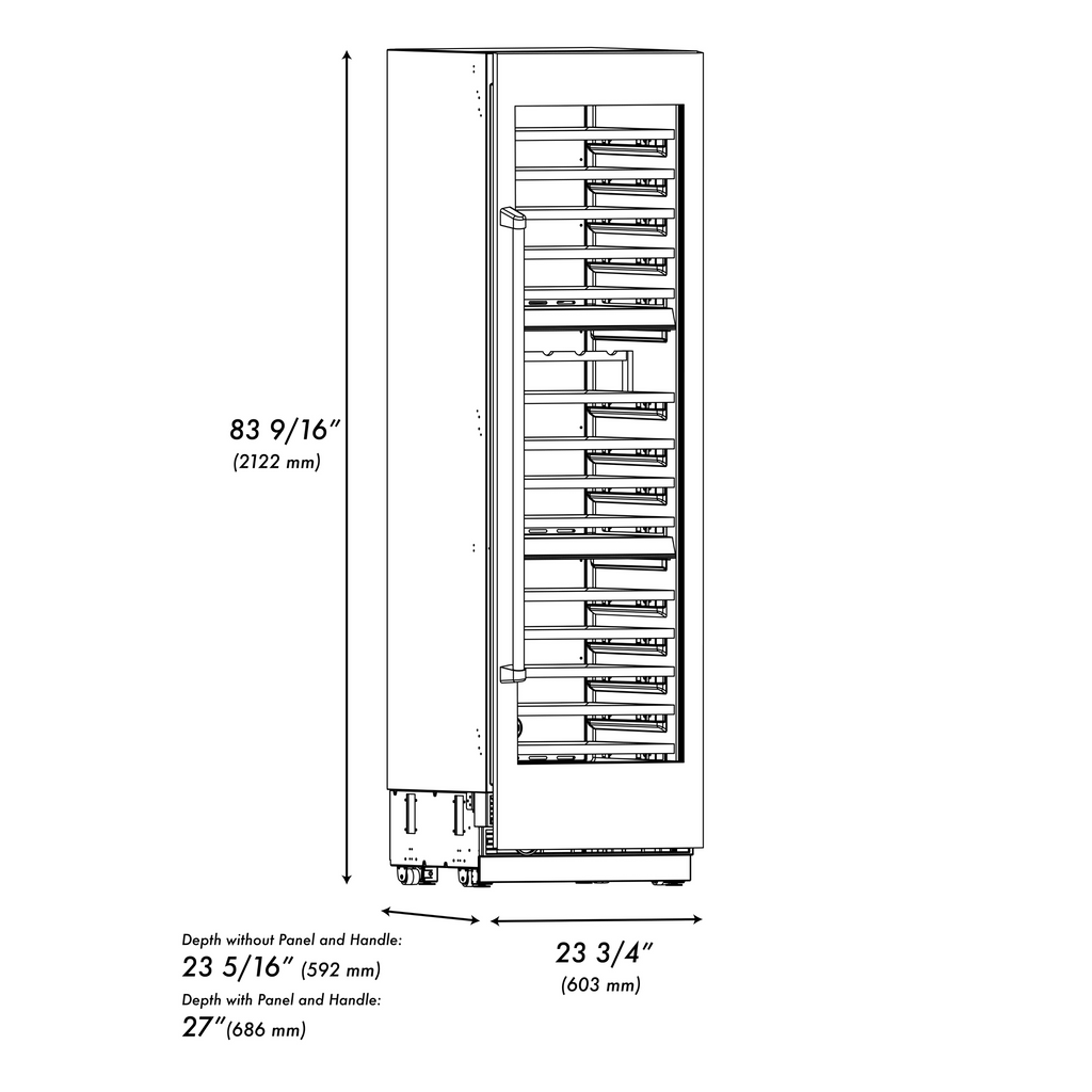 ZLINE Autograph 24" 12.4 cu. ft. Triple Zone 100 Bottle Column Wine Cooler in Black Stainless Steel and Polished Gold Accents, RCWVZ-BS-24-G