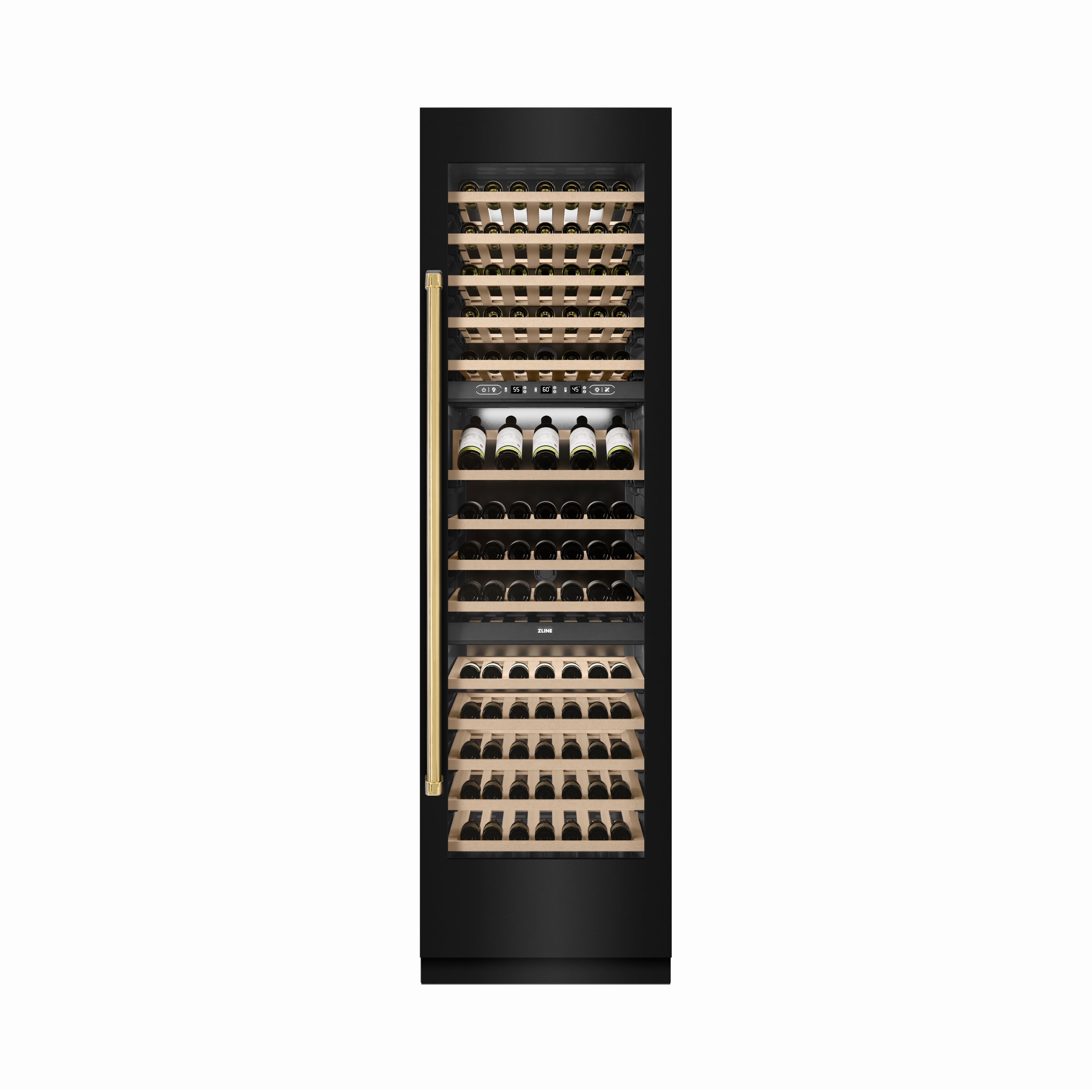 ZLINE Autograph 24" 12.4 cu. ft. Triple Zone 100 Bottle Column Wine Cooler in Black Stainless Steel and Polished Gold Accents, RCWVZ-BS-24-G