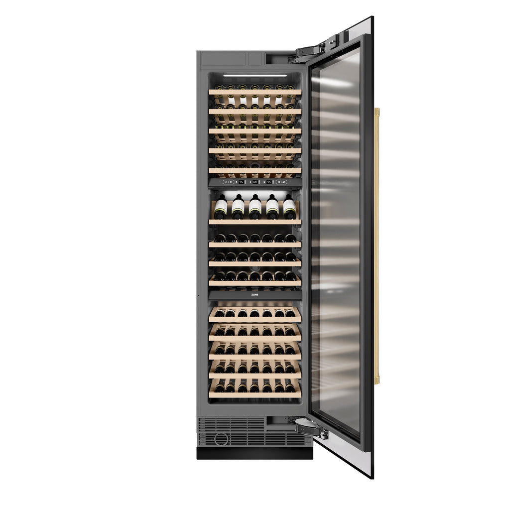 ZLINE Autograph 24" 12.4 cu. ft. Triple Zone 100 Bottle Column Wine Cooler in Black Stainless Steel and Polished Gold Accents, RCWVZ-BS-24-G