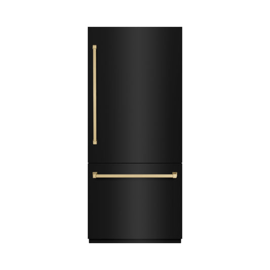 ZLINE 36 in. Built-In Bottom Freezer Refrigerator, 19.8 Cu. Ft., Water Dispenser, Ice Maker, Black Stainless Steel, Graphite Gray Interior, Champagne Bronze Accents (GRBITZ-BS-36-CB)