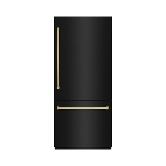 ZLINE 36 in. Built-In Bottom Freezer Refrigerator 19.8 cu. ft. Water Dispenser Ice Maker Black Stainless Steel Graphite Gray Interior Polished Gold Accents (GRBITZ-BS-36-G)