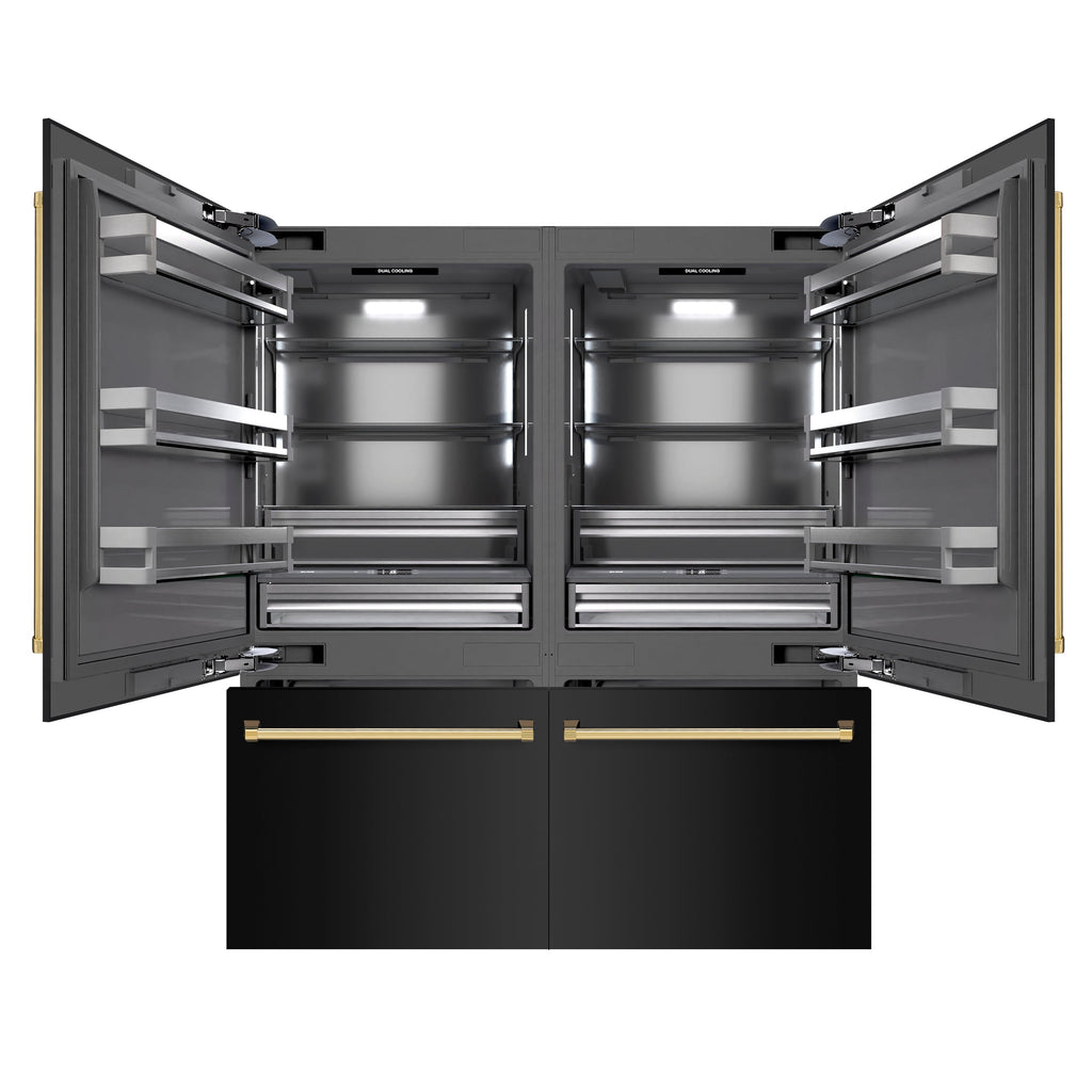 ZLINE 72 in. French Door Built-In Bottom Freezer Refrigerator 39.6 Cu. Ft. Water Dispensers Ice Makers Black Stainless Steel Graphite Gray Interior Polished Gold Accents (GRBITZ-BS-72-G)
