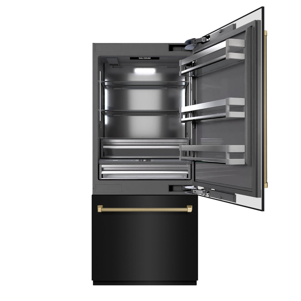 ZLINE 36 in. Built-In Bottom Freezer Refrigerator 19.8 cu. ft. Water Dispenser Ice Maker Black Stainless Steel Champagne Bronze Handles (GRBITZ-BS36-KCB)