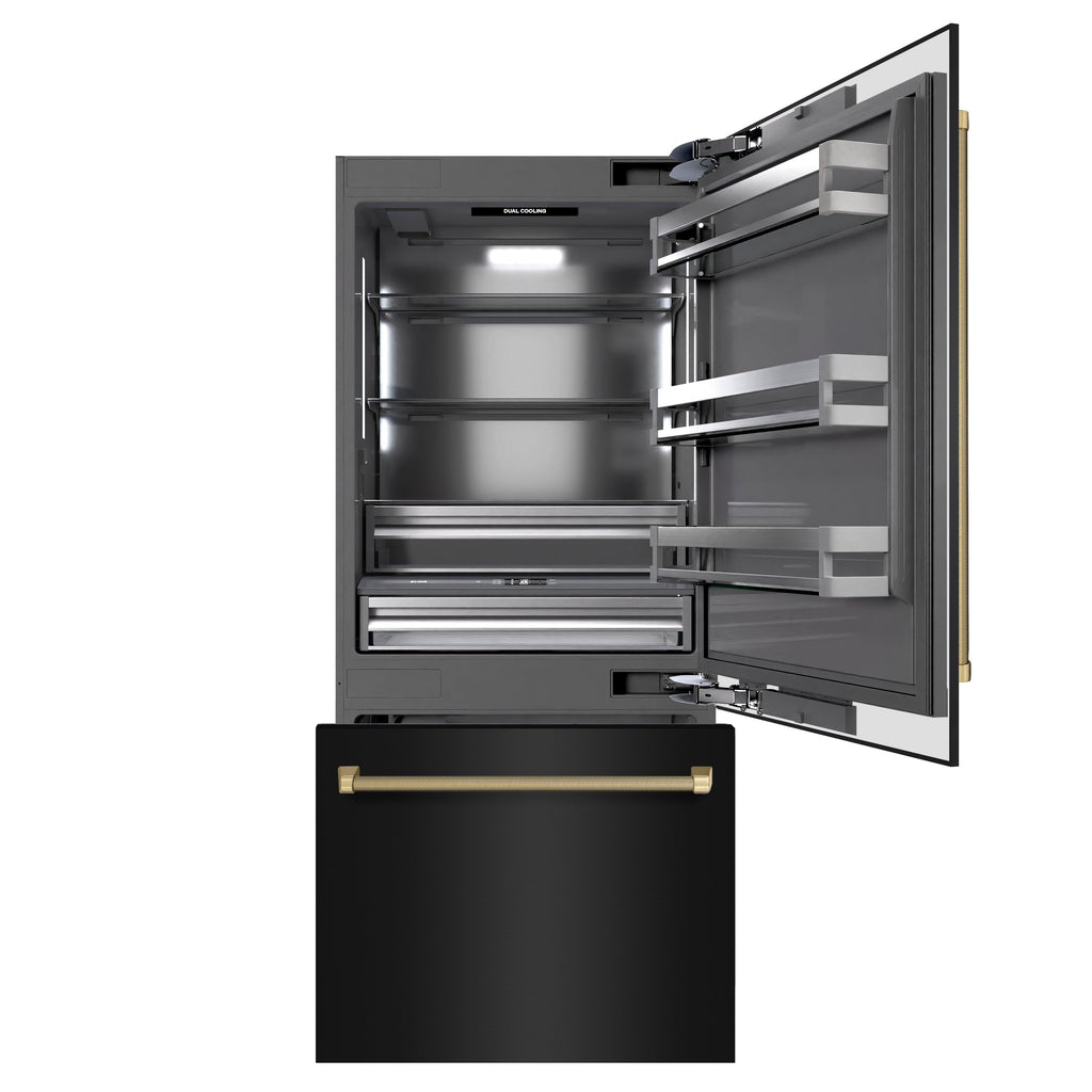 ZLINE 36 in. Built-In Bottom Freezer Refrigerator 19.8 cu. ft. Water Dispenser Ice Maker Black Stainless Steel Champagne Bronze Handles (GRBITZ-BS36-KCB)