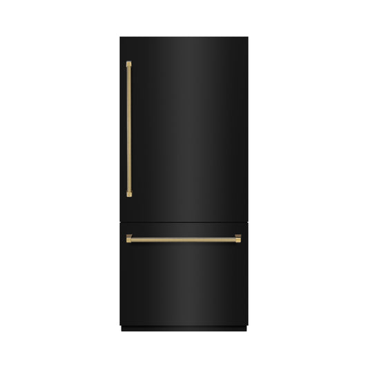 ZLINE 36 in. Built-In Bottom Freezer Refrigerator 19.8 cu. ft. Water Dispenser Ice Maker Black Stainless Steel Graphite Gray Interior Polished Gold Helix Handles (GRBITZ-BS36-KG)