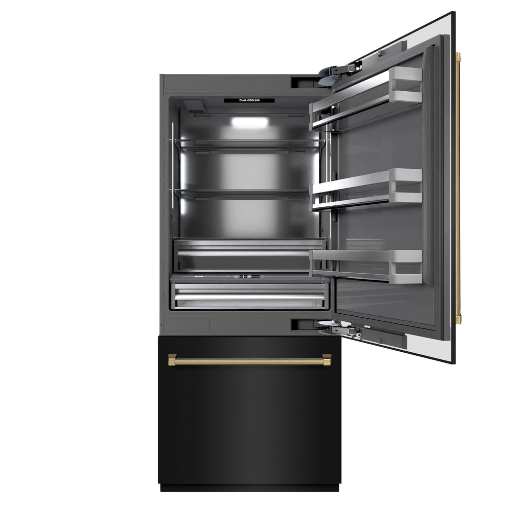 ZLINE 36 in. Built-In Bottom Freezer Refrigerator 19.8 cu. ft. Water Dispenser Ice Maker Black Stainless Steel Graphite Gray Interior Polished Gold Helix Handles (GRBITZ-BS36-KG)