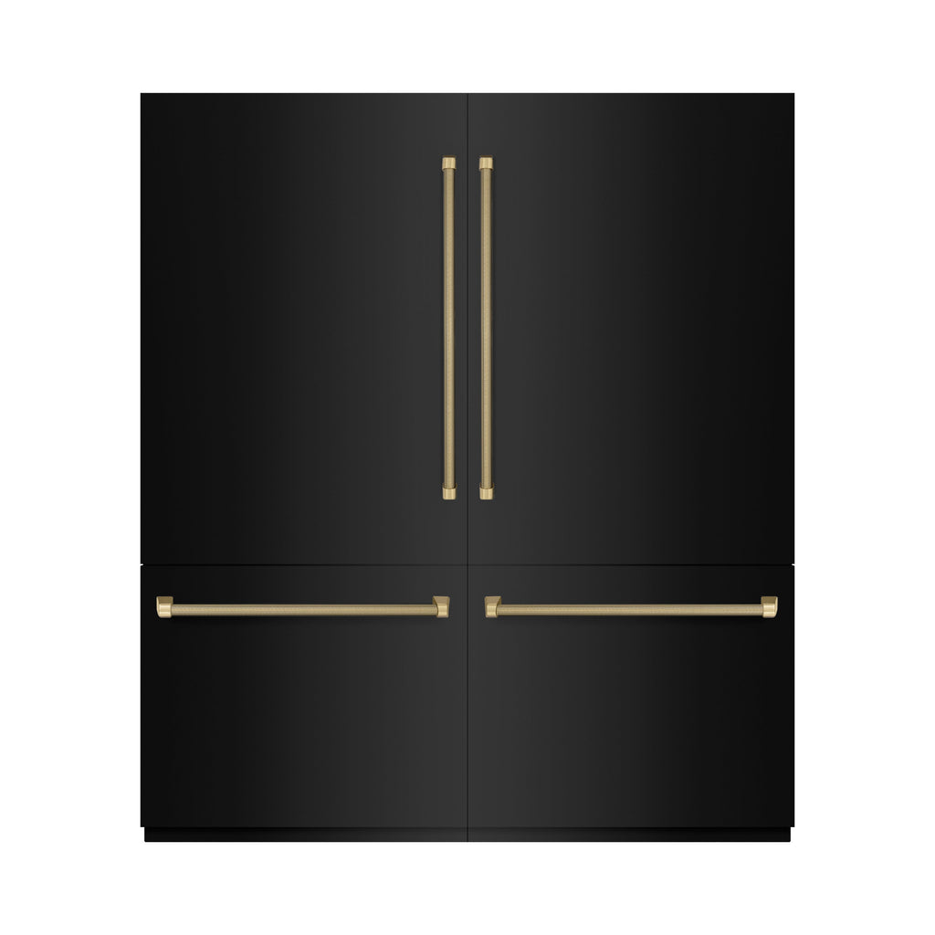 ZLINE 72 in. French Door Built-In Bottom Freezer Refrigerator 39.6 cu. ft. Water Dispensers Ice Makers Black Stainless Steel Graphite Gray Interior Champagne Bronze Helix Handles (GRBITZ-BS72-KCB)