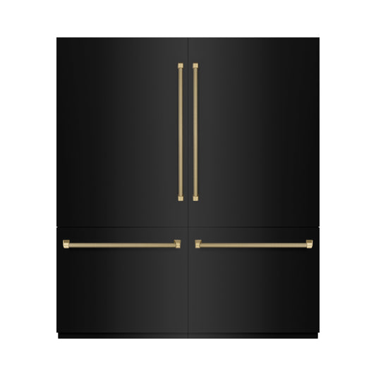 ZLINE 72 in. French Door Built-In Bottom Freezer Refrigerator 39.6 cu. ft. Water Dispensers Ice Makers Black Stainless Steel Graphite Gray Interior Champagne Bronze Helix Handles (GRBITZ-BS72-KCB)