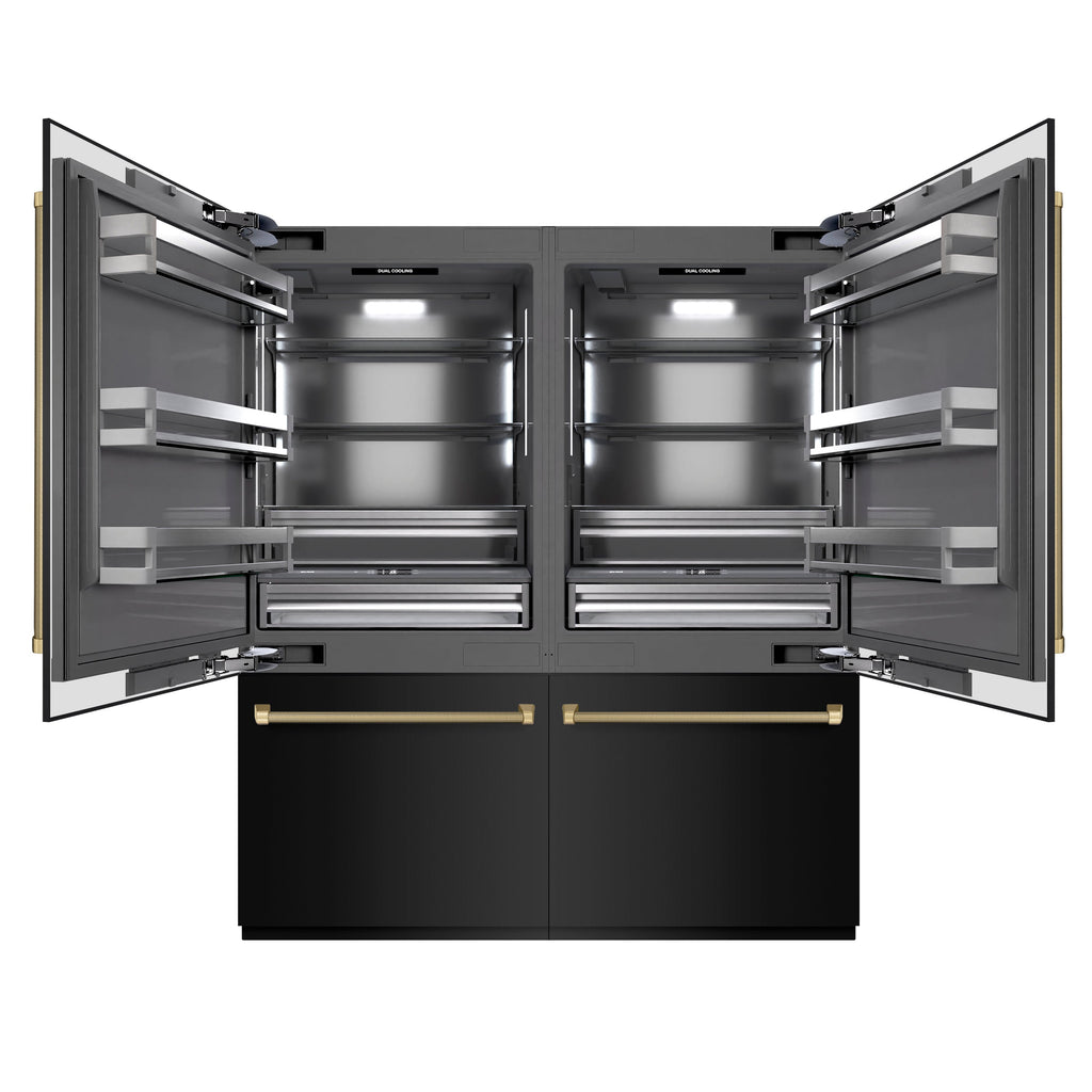 ZLINE 72 in. French Door Built-In Bottom Freezer Refrigerator 39.6 cu. ft. Water Dispensers Ice Makers Black Stainless Steel Graphite Gray Interior Champagne Bronze Helix Handles (GRBITZ-BS72-KCB)