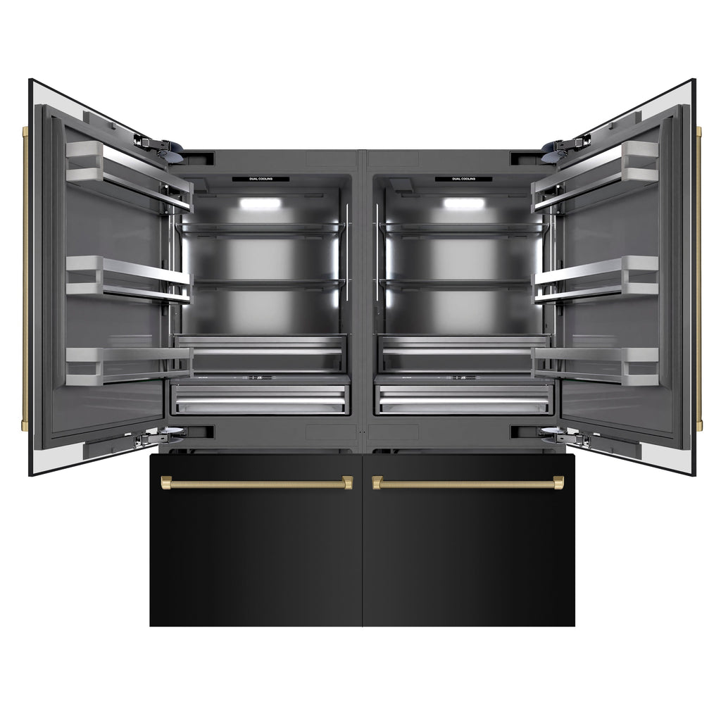 ZLINE 72 in. French Door Built-In Bottom Freezer Refrigerator 39.6 cu. ft. Water Dispensers Ice Makers Black Stainless Steel Graphite Gray Interior Champagne Bronze Helix Handles (GRBITZ-BS72-KCB)