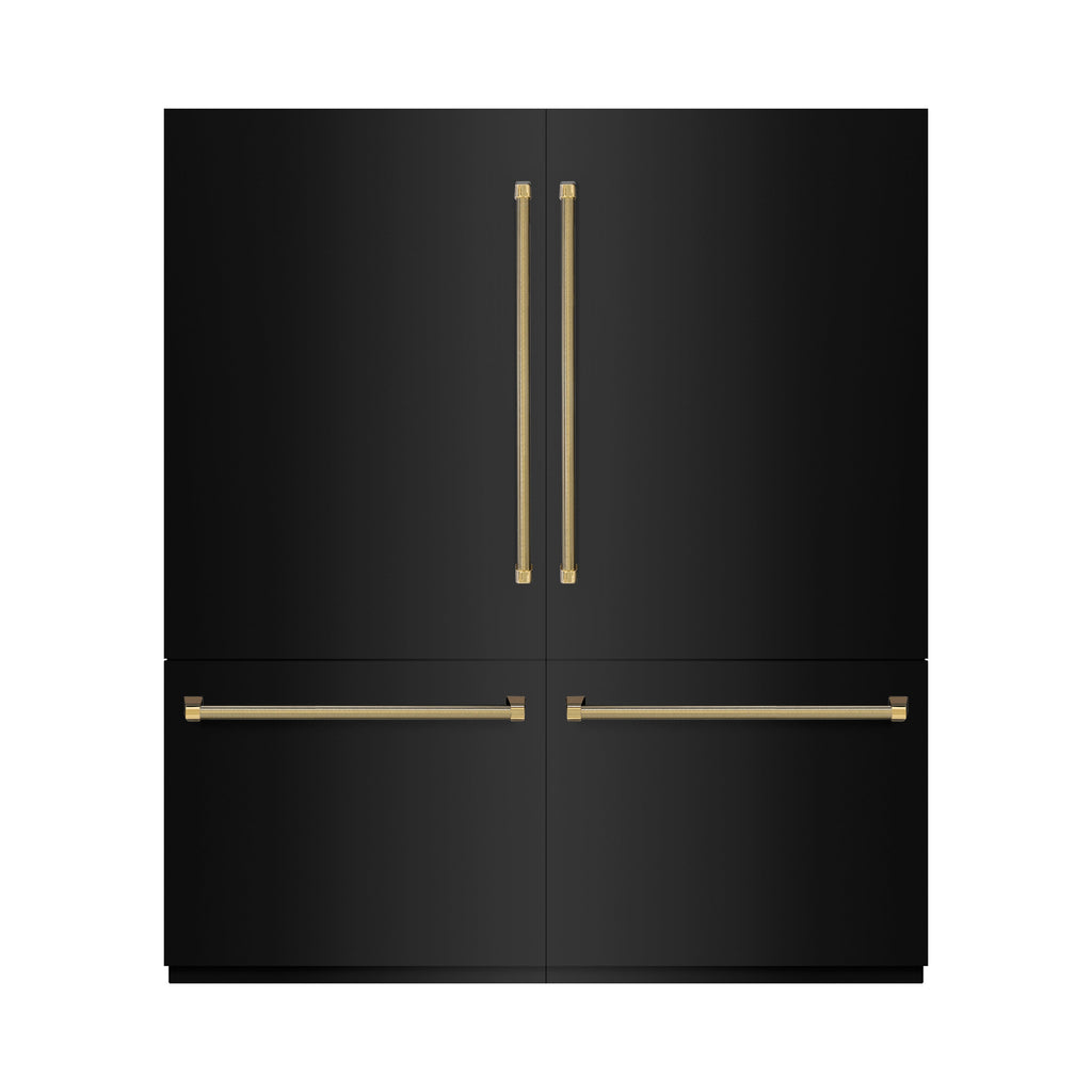 ZLINE 72 in. French Door Built-In Bottom Freezer Refrigerator 39.6 cu. ft. Black Stainless Steel, Water Dispensers, Ice Makers, Graphite Gray Interior, Polished Gold Helix Handles (GRBITZ-BS-72-KG)