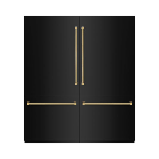ZLINE 72 in. French Door Built-In Bottom Freezer Refrigerator 39.6 cu. ft. Black Stainless Steel, Water Dispensers, Ice Makers, Graphite Gray Interior, Polished Gold Helix Handles (GRBITZ-BS-72-KG)