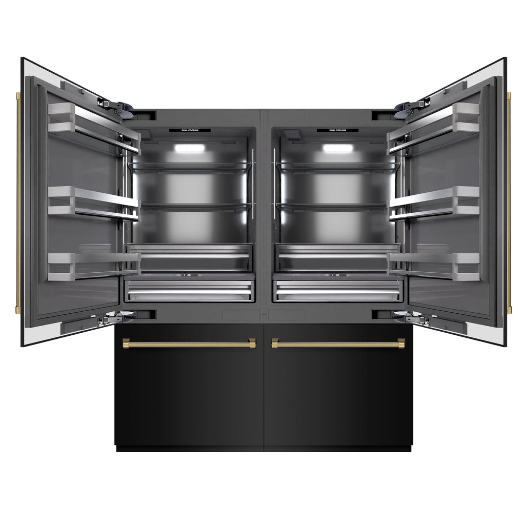 ZLINE 72 in. French Door Built-In Bottom Freezer Refrigerator 39.6 cu. ft. Black Stainless Steel, Water Dispensers, Ice Makers, Graphite Gray Interior, Polished Gold Helix Handles (GRBITZ-BS-72-KG)