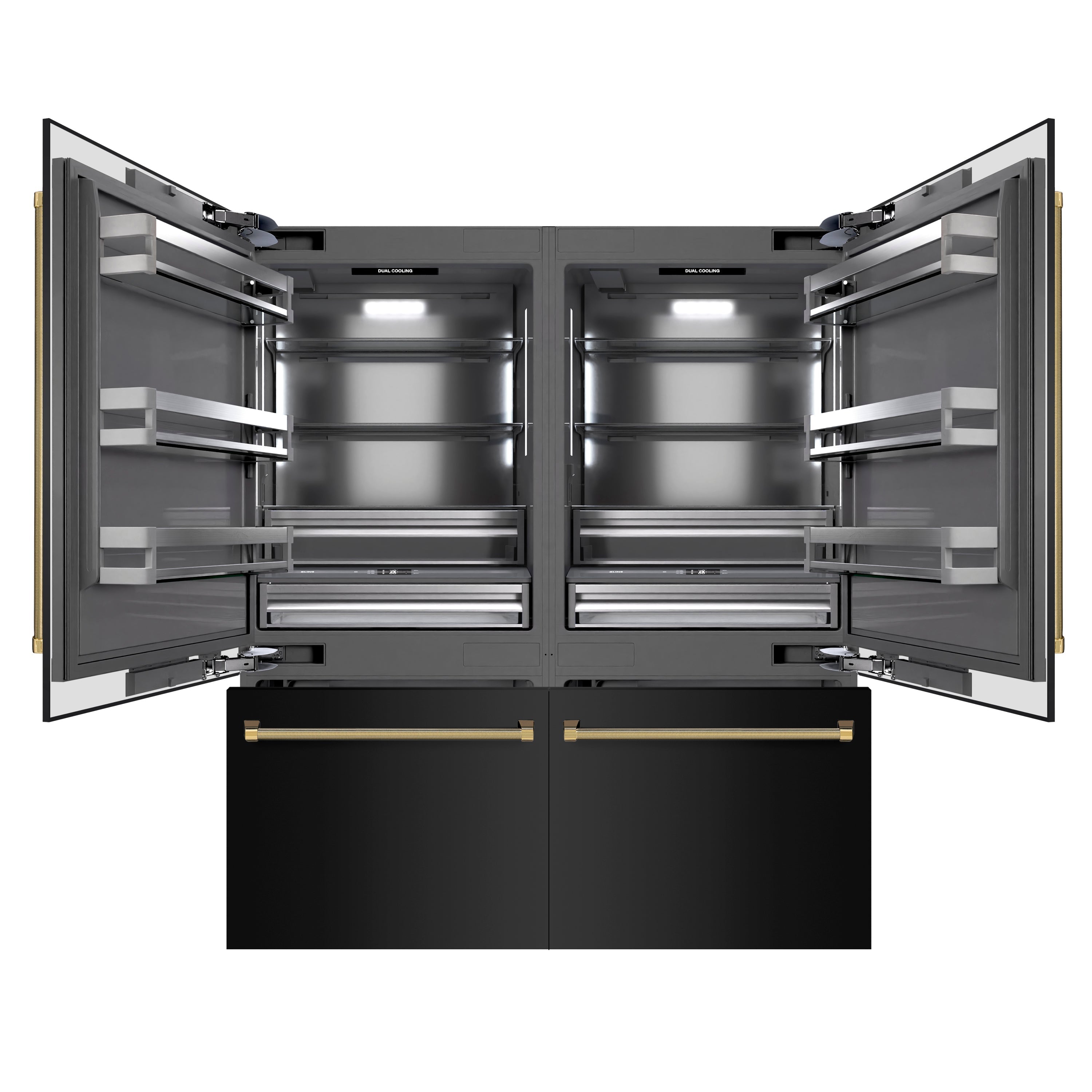 ZLINE 72 in. French Door Built-In Bottom Freezer Refrigerator 39.6 cu. ft. Black Stainless Steel, Water Dispensers, Ice Makers, Graphite Gray Interior, Polished Gold Helix Handles (GRBITZ-BS-72-KG)