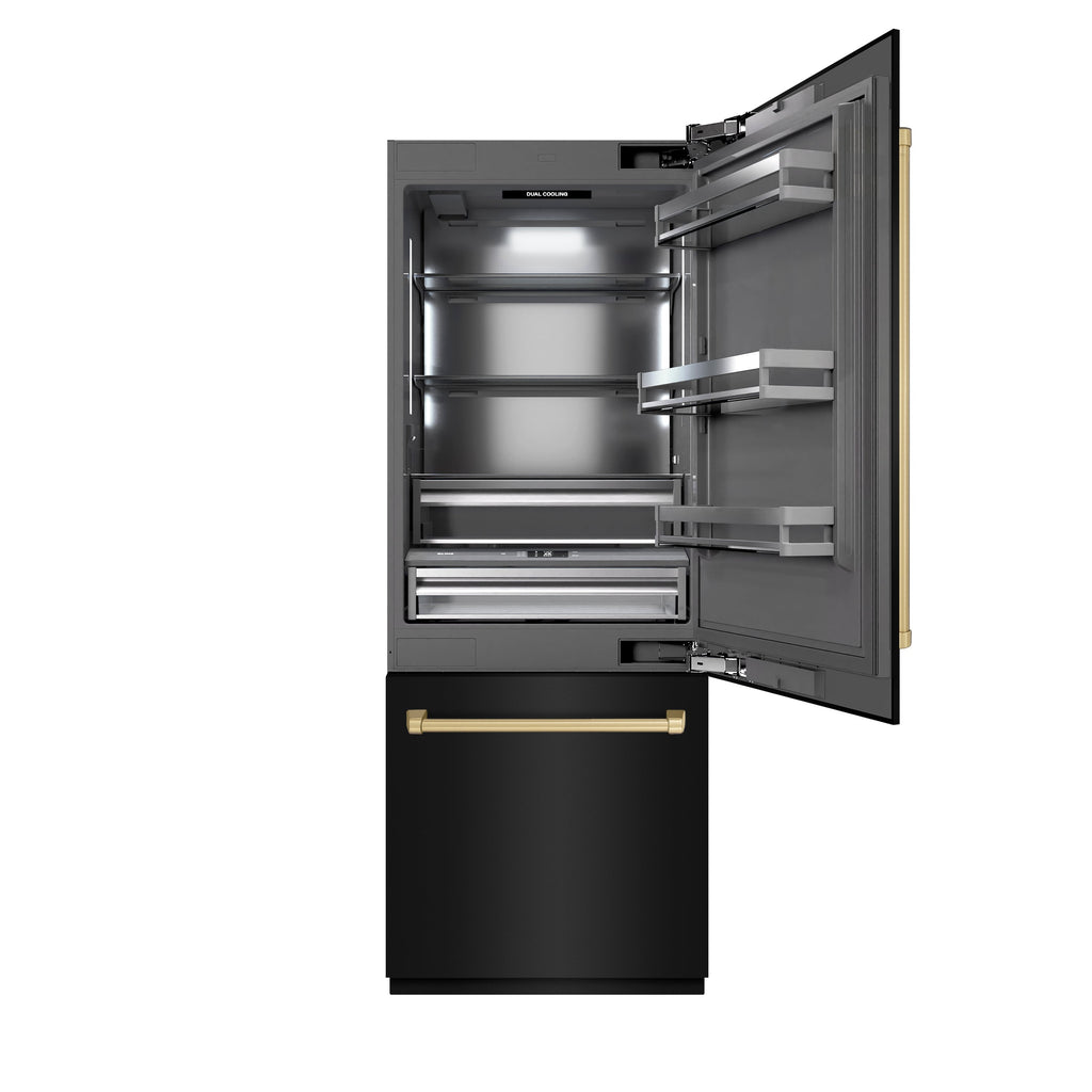 ZLINE 30 in. Built-In Bottom Freezer Refrigerator 16.1 Cu. Ft. Black Stainless Steel, Water Dispenser, Ice Maker, Champagne Bronze Accents (GRBIVZ-BS-30-CB)