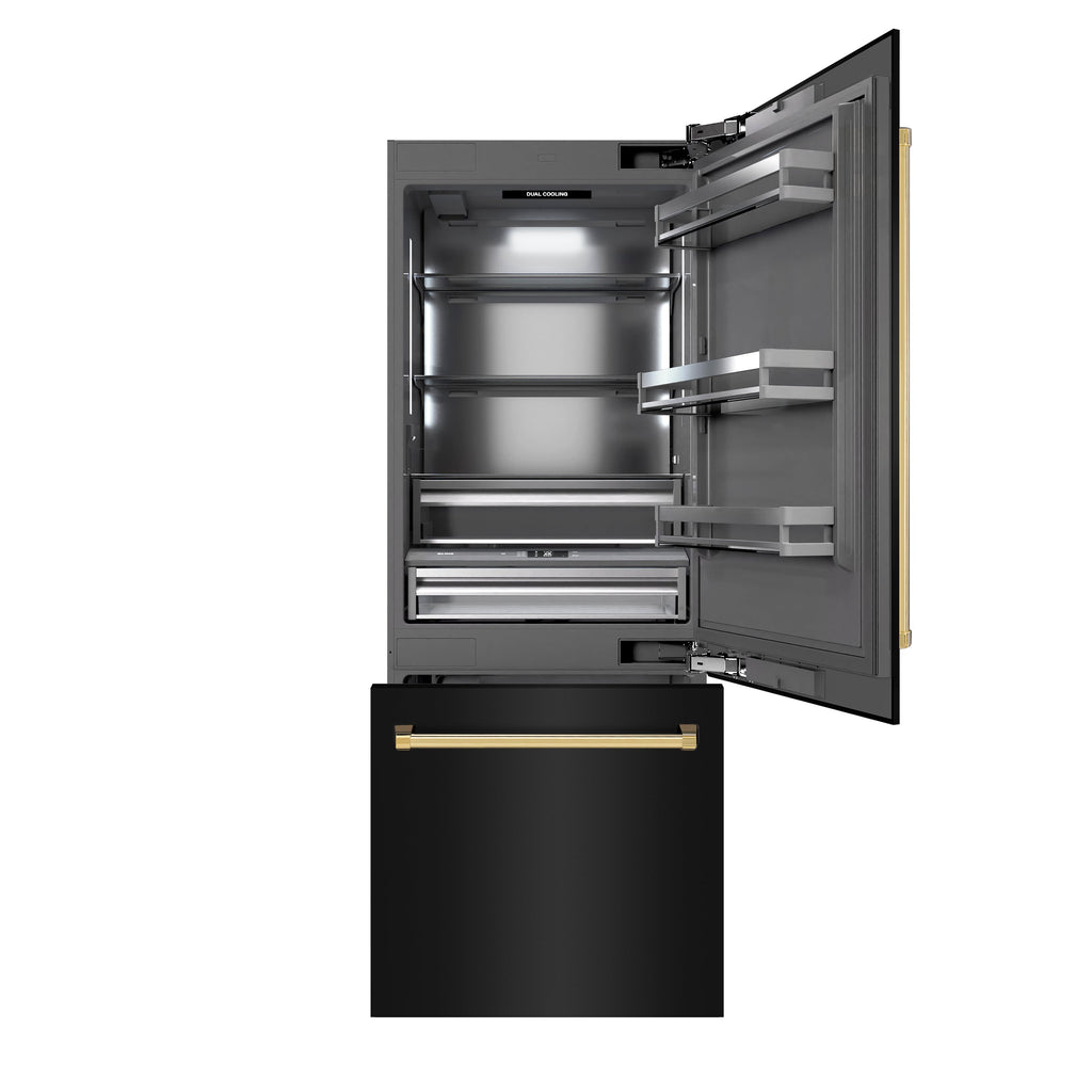 ZLINE 30 in. Built-In Bottom Freezer Refrigerator 16.1 cu. ft. with Water Dispenser, Ice Maker, Black Stainless Steel, Polished Gold Accents (GRBIVZ-BS-30-G)
