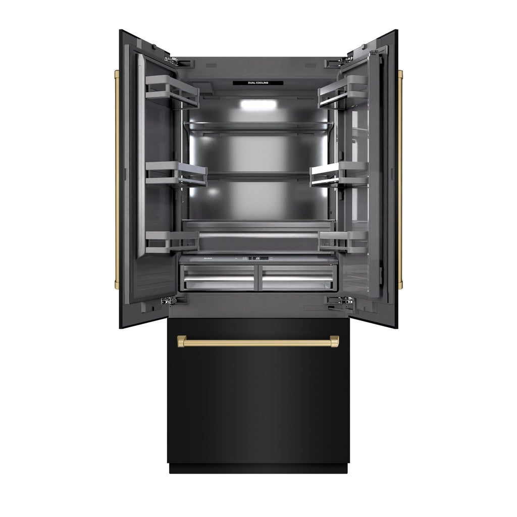 ZLINE 36 in. Built-In French Door Bottom Freezer Refrigerator 19.6 cu. ft. Water Dispenser Ice Maker Black Stainless Steel Graphite Gray Interior Champagne Bronze Accents (GRBIVZ-BS-36-CB)