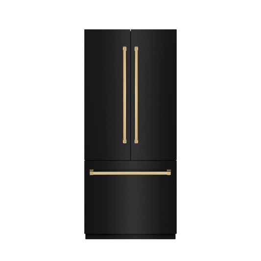 ZLINE 36 in. French Door Built-In Bottom Freezer Refrigerator, 19.6 Cu. Ft., Water Dispenser, Ice Maker, Black Stainless Steel, Polished Gold Accents (GRBIVZ-BS-36-G)