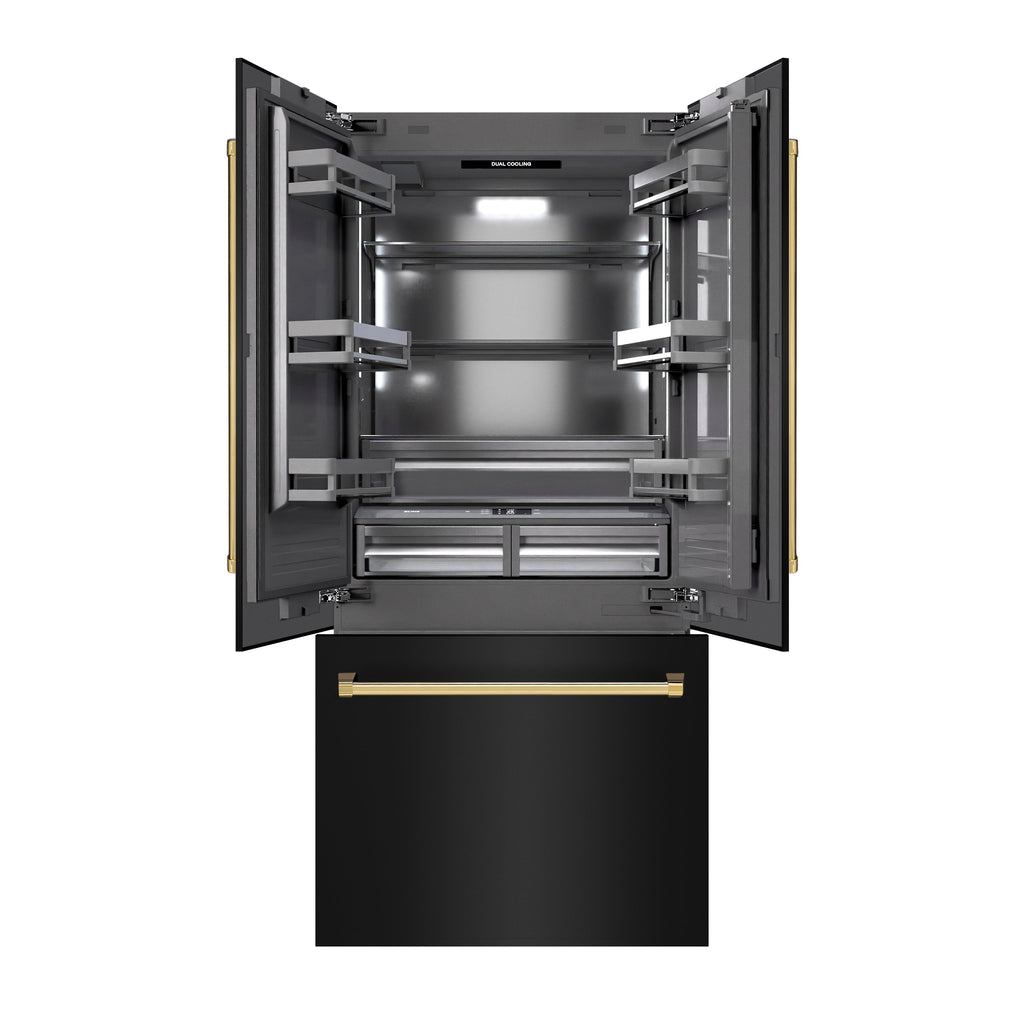 ZLINE 36 in. French Door Built-In Bottom Freezer Refrigerator, 19.6 Cu. Ft., Water Dispenser, Ice Maker, Black Stainless Steel, Polished Gold Accents (GRBIVZ-BS-36-G)