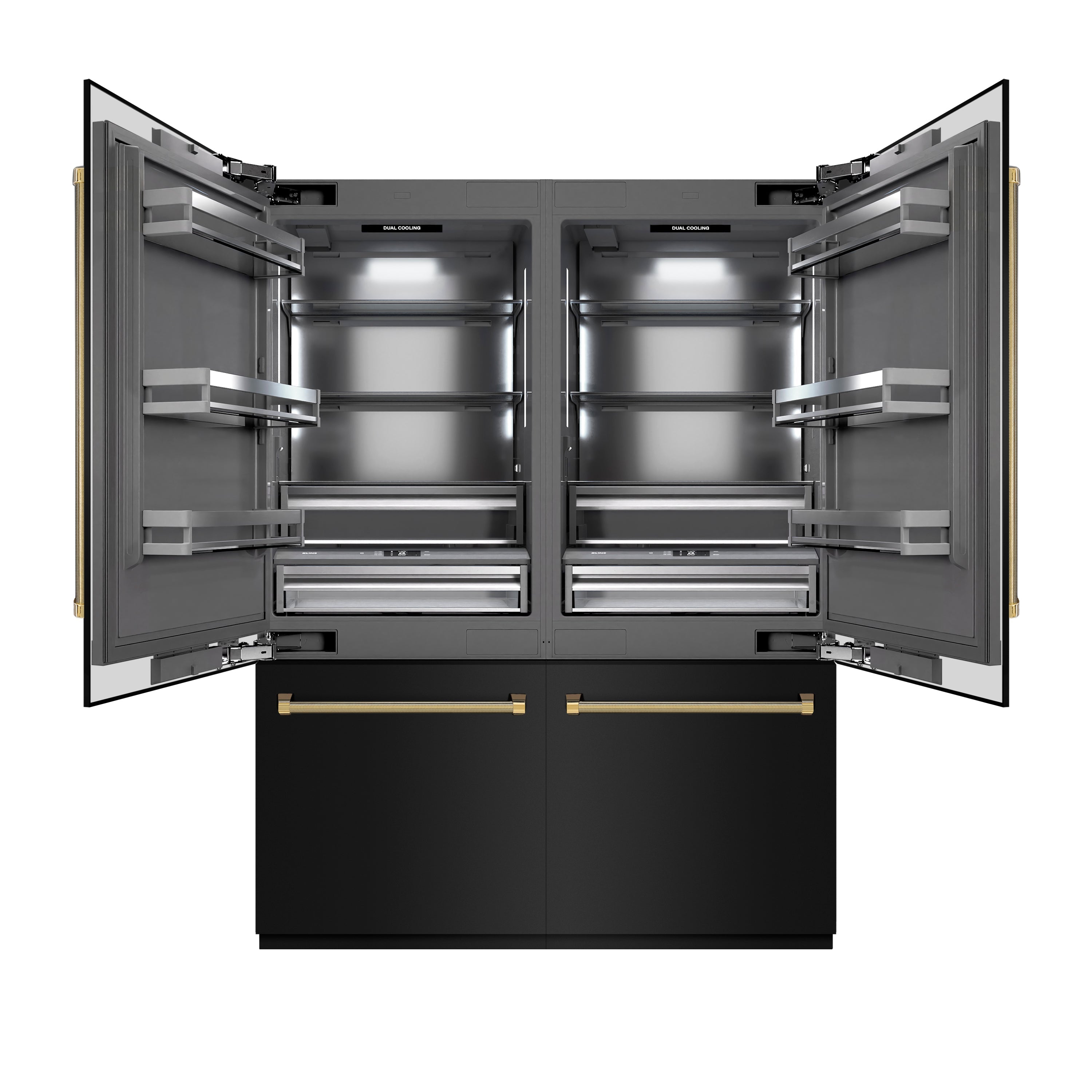 ZLINE 60 in. Built-In French Door Refrigerator 32.2 cu. ft. Black Stainless Steel Water Dispenser Ice Maker Polished Gold Handles (GRBIVZ-BS60KG)