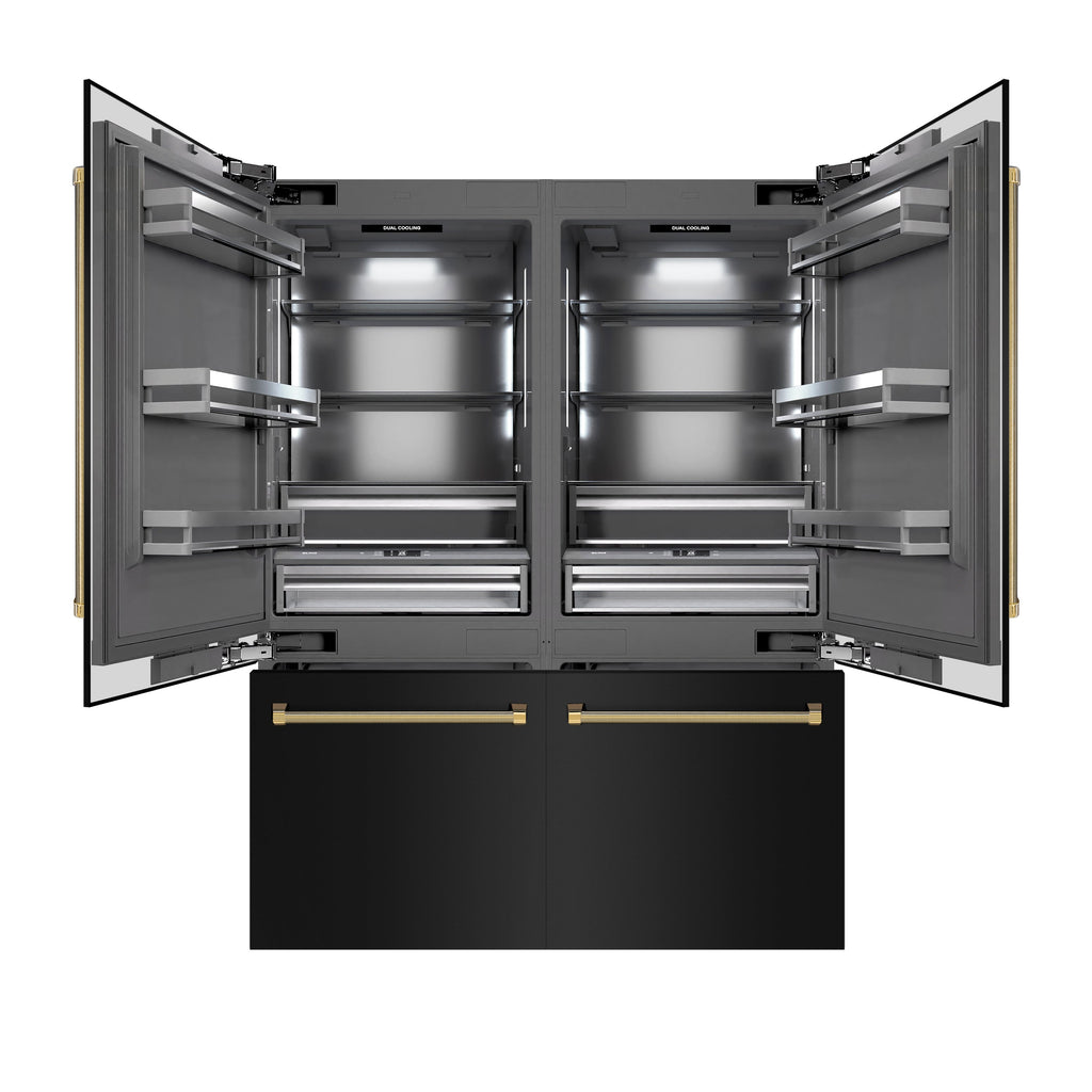 ZLINE 60 in. Built-In French Door Refrigerator 32.2 cu. ft. Black Stainless Steel Water Dispenser Ice Maker Polished Gold Handles (GRBIVZ-BS60KG)
