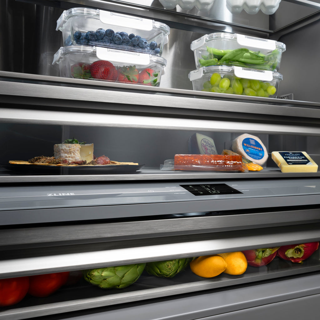 ZLINE 30 in. Built-In Bottom Freezer Refrigerator, 16.1 cu. ft., Water Dispenser, Ice Maker, Black Stainless Steel, Graphite Gray Interior, Champagne Bronze Helix Handles (GRBIVZ-BS30KCB)